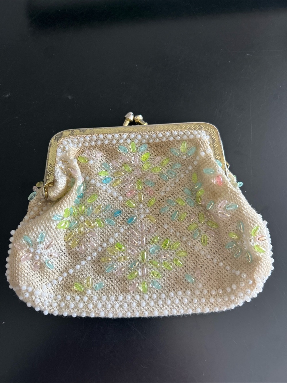 Vintage Beaded Cream Evening Clutch with Pastel Accents - Picture 3 of 5